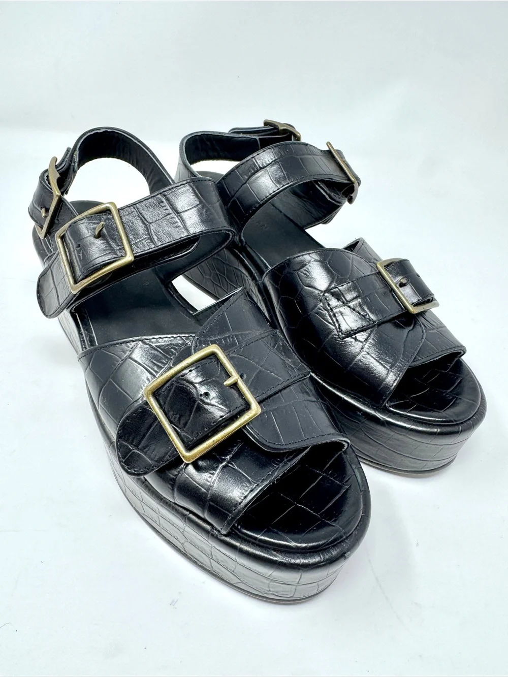 Caron Callahan Margaret Platform Sandal Faux Crocodile Buckle Straps Black Sz 9